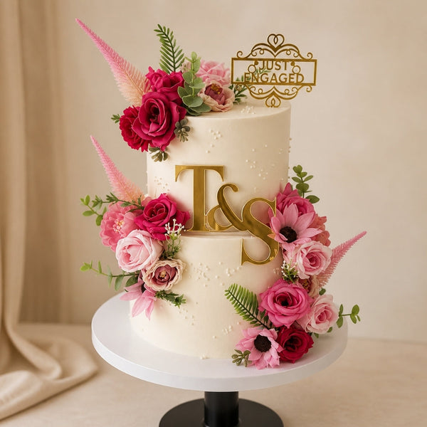 2-Tier Ivory Pearl Just Engaged Floral Monogram Cake