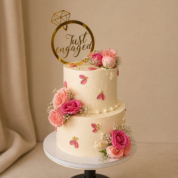 2-Tier Ivory Scattered Petal Just Engaged Cake