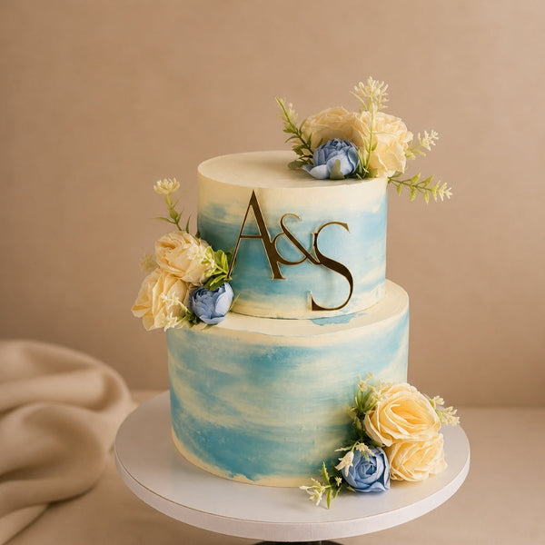 2-Tier Blue Watercolour Monogram Wedding Cake
