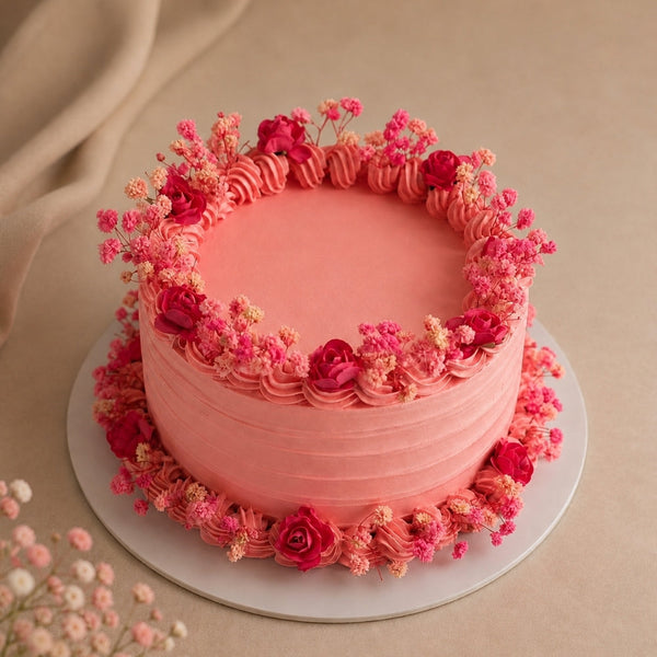 Coral Pink Full Floral Crown Birthday Cake