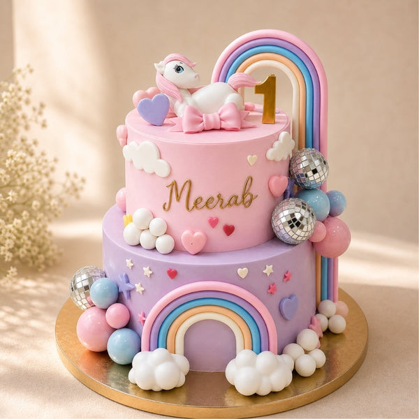 2-Tier Unicorn Rainbow Disco Ball Birthday Cake