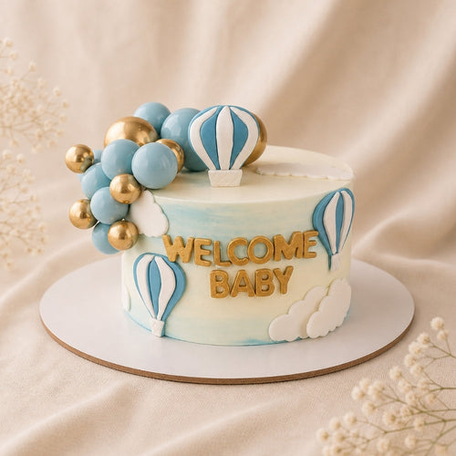 Welcome Baby Blue Hot Air Balloon Cake