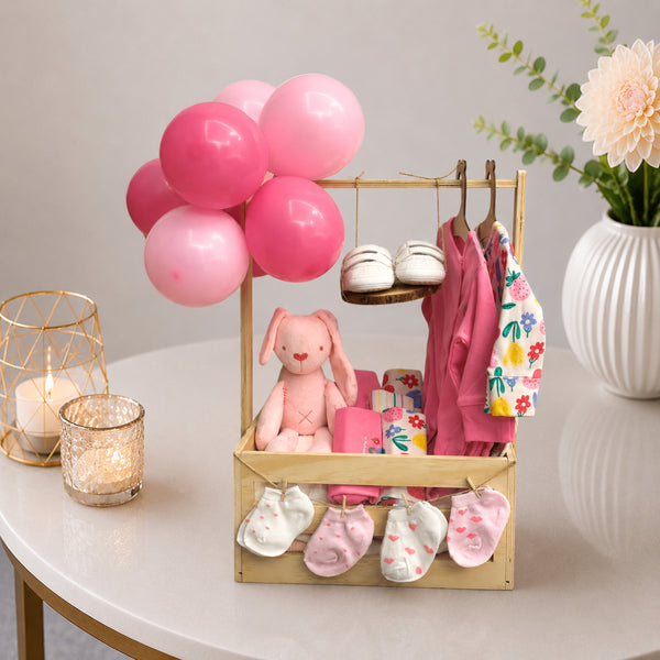Baby Girl Welcome Hamper with Bunny Plush and Balloon Cluster