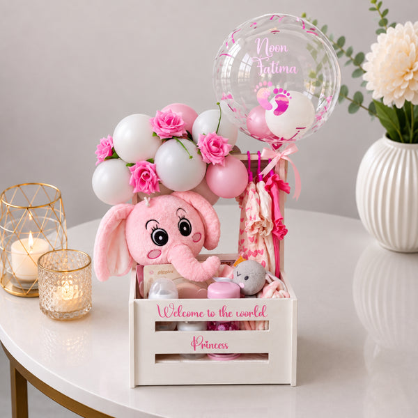 Welcome to the World Princess Crate with Elephant Plush and Name Balloon