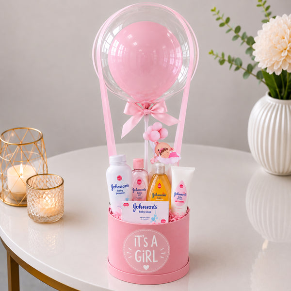 It's a Girl Hat Box with Johnson's Baby Care Set and Balloon
