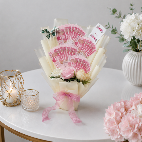 Ivory Money Bouquet Pink Roses and Butterfly
