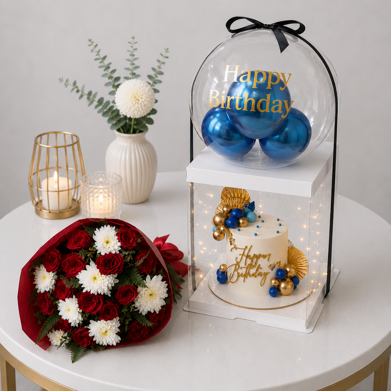 Birthday Balloon Cake Box with Fairy Lights and Flower Bouquet