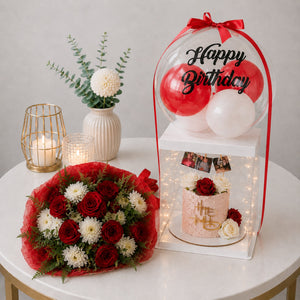 Red Rose and Chrysanthemum Bouquet with Birthday Bobo Balloon Cake Gift Box
