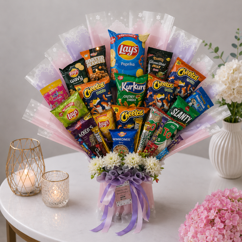 Grand Party Snack Bouquet with Fresh Flowers