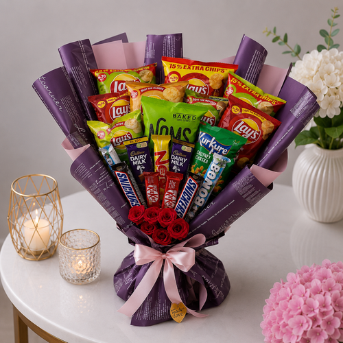 Snacks and Chocolates Bouquet with Red Roses
