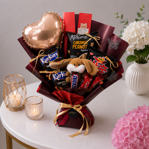 Snack Bouquet with Plush Bunny and Heart Balloon