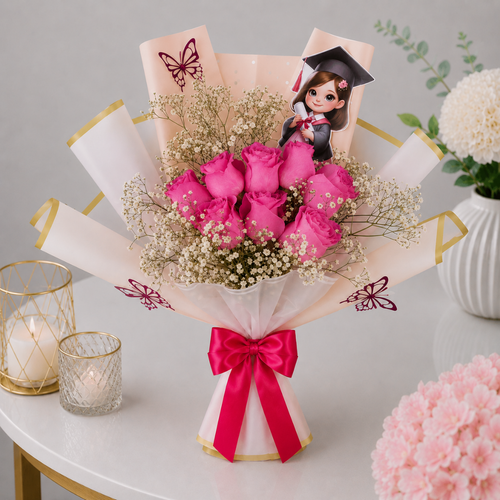 Graduation Pink Rose Bouquet with Baby's Breath