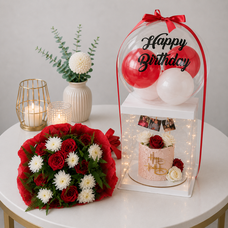 Birthday Balloon Cake Box with Roses and Chrysanthemum Bouquet