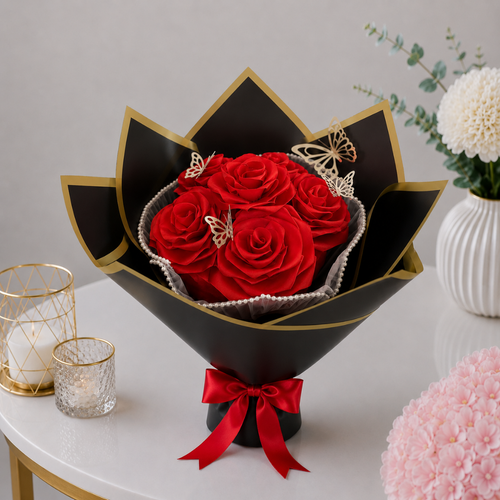 Premium Artificial Red Rose Bouquet Black and Gold Wrap