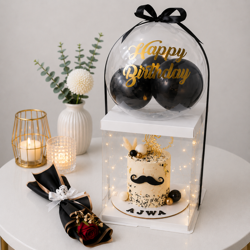 Personalised Men's Birthday Balloon Cake Box with Rose Bouquet