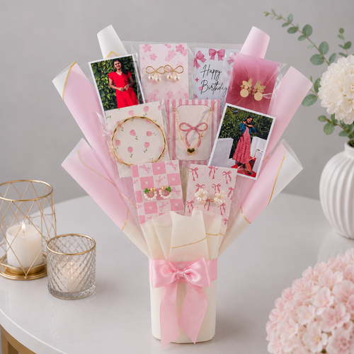 Birthday Jewelry and Photo Keepsake Bouquet Pink