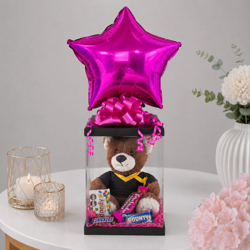 Graduation Teddy Bear Chocolate Clear Balloon Gift Box