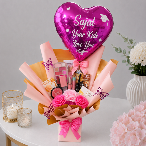 Makeup Accessories Bouquet with Custom Name Balloon