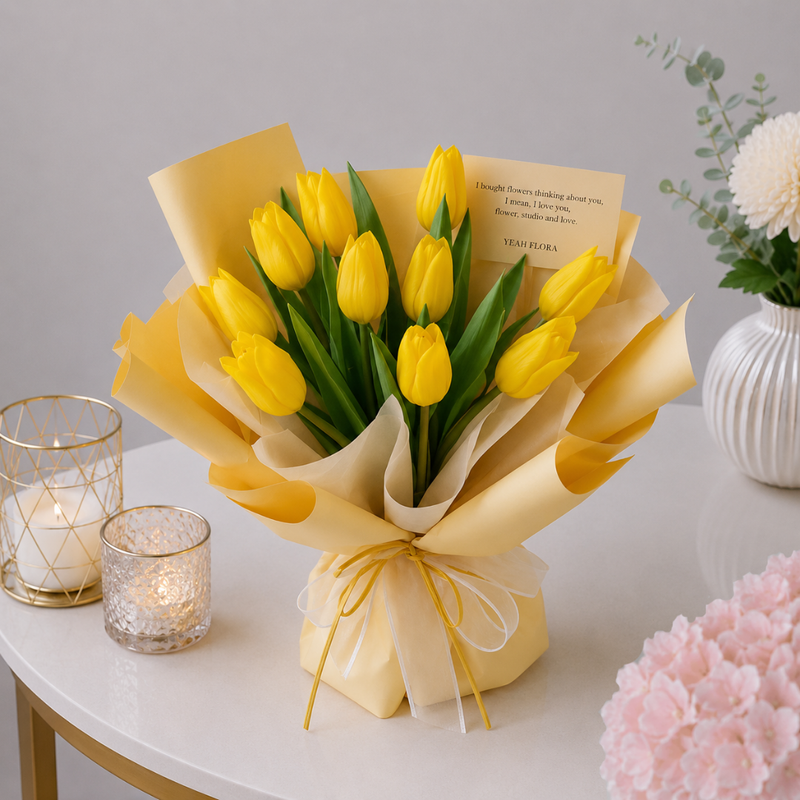Fresh Yellow Tulip Flower Bouquet with Note Card
