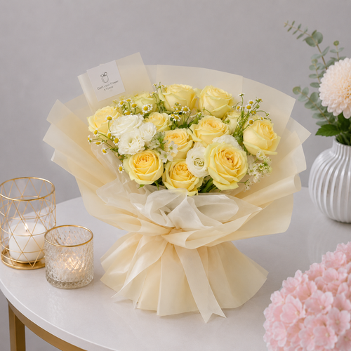 Artificial Yellow Rose and White Flower Premium Gift Bouquet