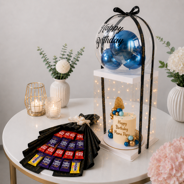 Parents Birthday Balloon Cake Box with Chocolate Bouquet