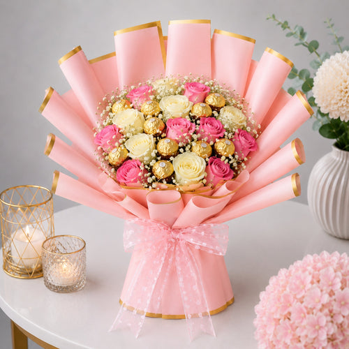 Pink and White Rose Ferrero Rocher Chocolate Bouquet with Gold Trim