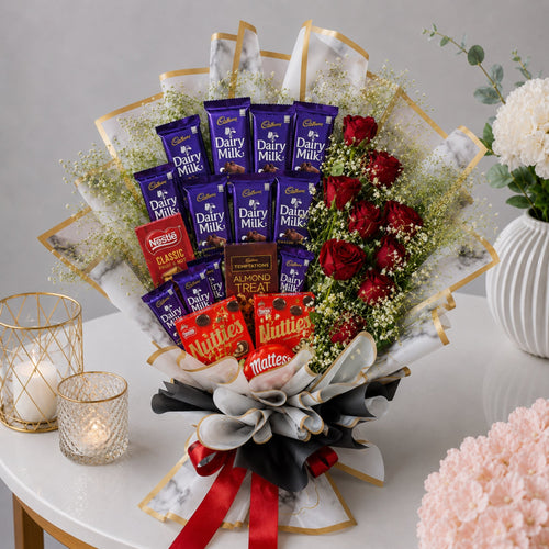 Dairy Milk Chocolate Bouquet with Red Roses in Marble Gold Luxury Wrap