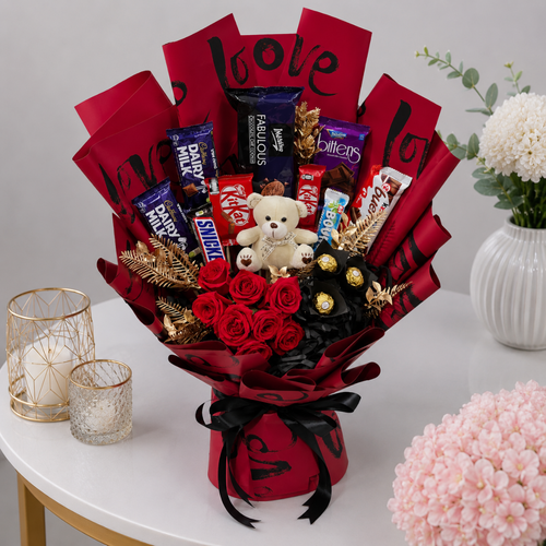 Love Themed Chocolate Rose and Teddy Bouquet