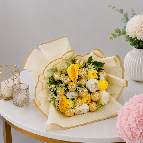 Ferrero Rocher Golden Yellow Artificial Rose Bouquet