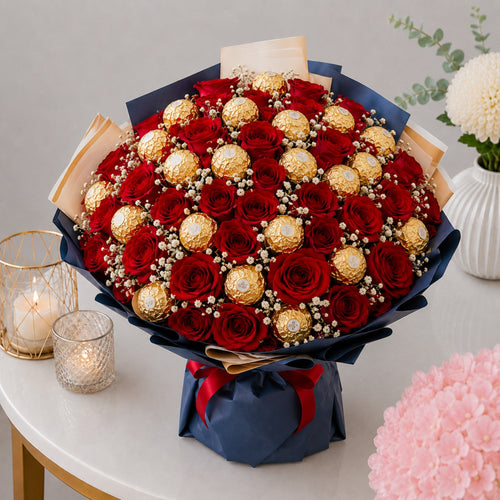 Grand Red Rose and Ferrero Rocher Luxury Bouquet in Navy Blue Wrap