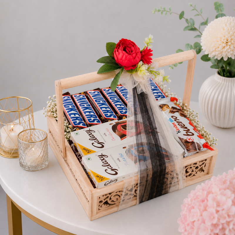 Luxury Carved Wooden Chocolate Gift Basket