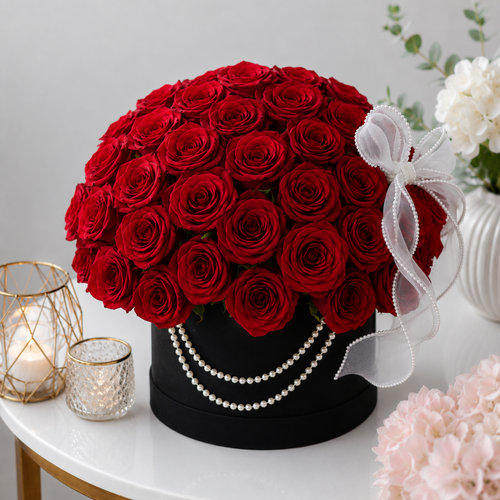 Luxury Red Rose Dome Flower Box with Pearl Necklace