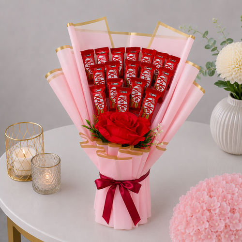 KitKat Pink Chocolate Bouquet with Red Rose