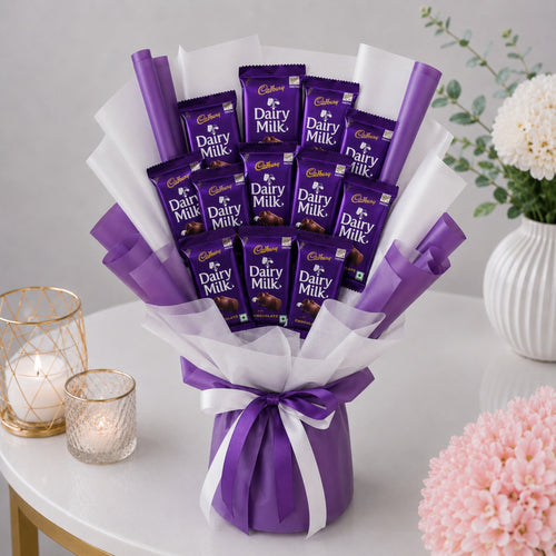 Cadbury Dairy Milk Chocolate Bouquet in Purple and White Satin Wrap
