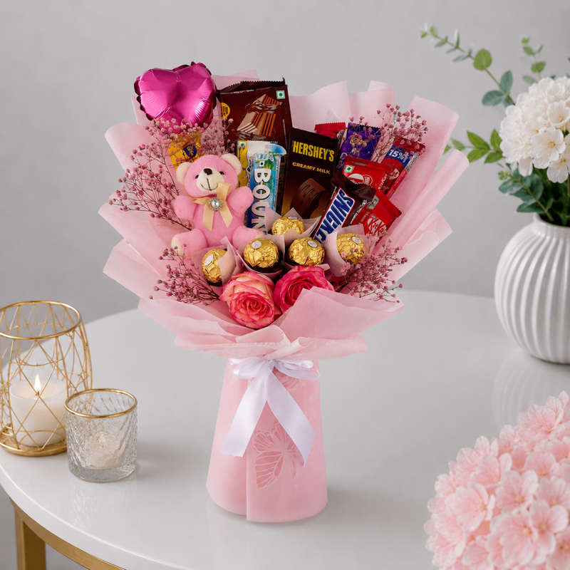 Pink Teddy Balloon and Chocolate Bouquet Gift