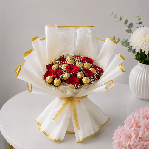 Red Roses and Ferrero Rocher Gold Bow Gift
