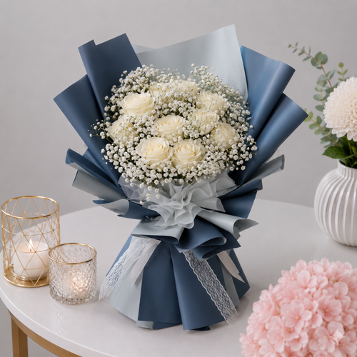 White Roses Baby's Breath Navy Lace Ribbon Bouquet