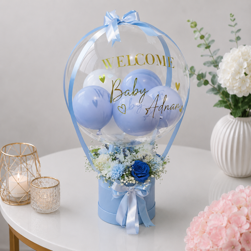 Welcome Baby Balloon Box with Blue Roses