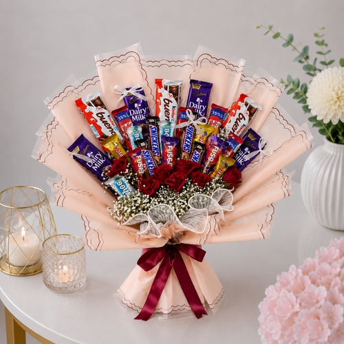 Luxury Snacks Bouquet Dairy Milk Kinder Bueno Red Roses