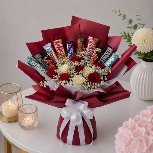 Snacks Bouquet KitKat Toblerone Mars Bounty Red Roses