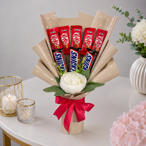 KitKat Snickers Polka Dot Wrap White Flower Bouquet