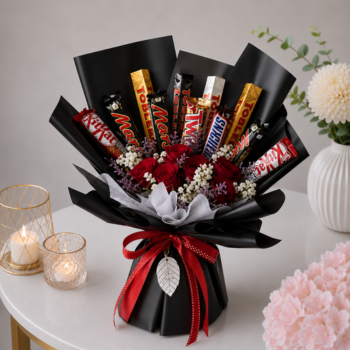 Black Wrap Toblerone Twix Mars Red Rose Snacks Bouquet