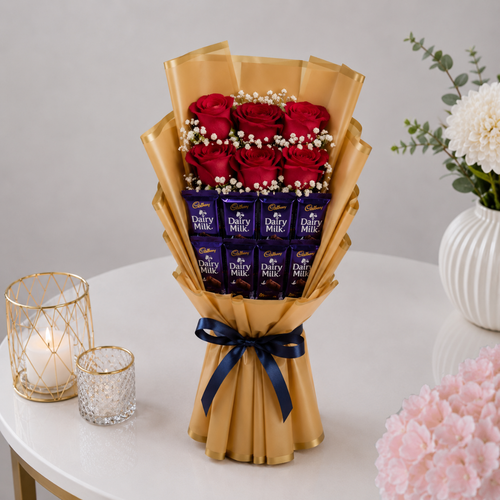 Gold Wrap Cadbury Dairy Milk Red Rose Navy Bow Bundle