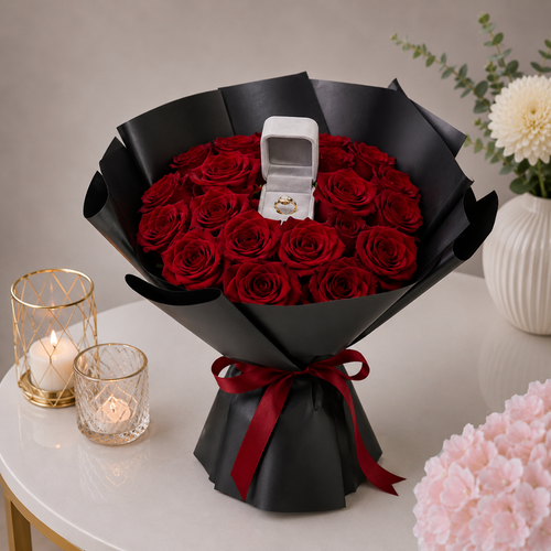 Artificial Red Roses Black Wrap With Premium Ring with Box Proposal Bouquet