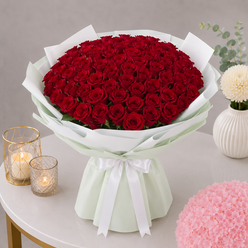 100 Red Roses Mint Green Wrap White Satin Bow Bouquet