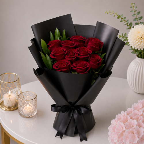 Ten Artificial Red Roses Minimalist Black Wrap Green Leaf Bouquet