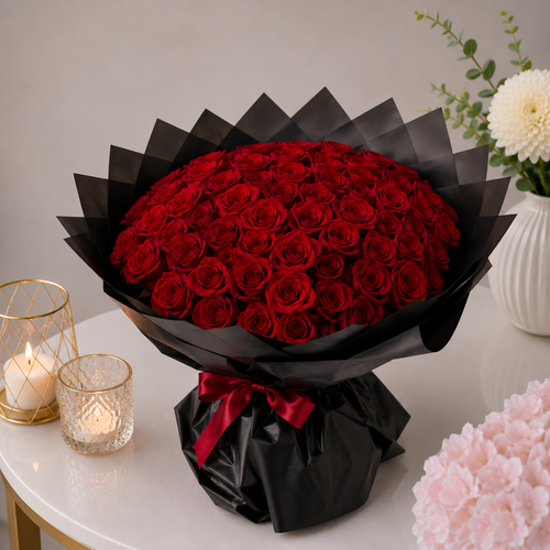 50 Artificial Red Roses Black Sunburst Wrap Burgundy Bow Bouquet