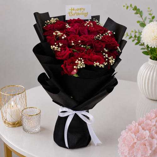 Happy Birthday Red Roses Baby's Breath Black Wrap Bouquet