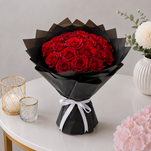30 Artificial Red Roses Black Sunburst Wrap White Bow Bouquet