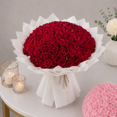 200 Red Roses White Tissue Wrap Abundant Grand Bouquet